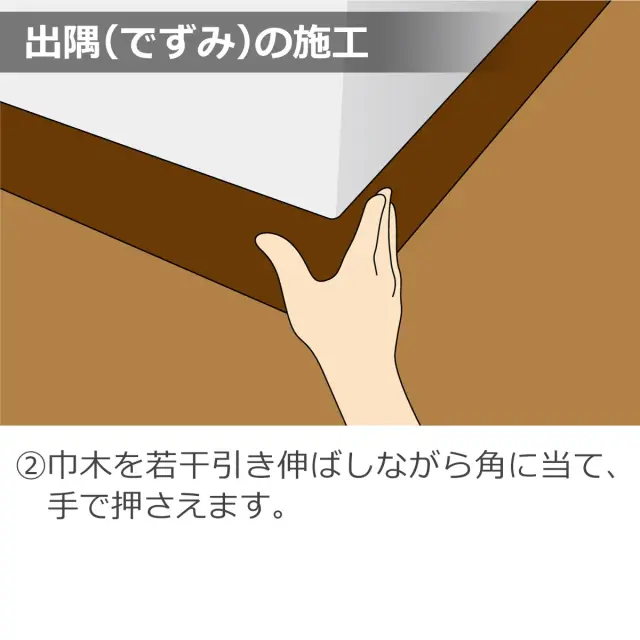 出隅の施工 巾木を若干引き伸ばしながら角に当て 手で押さえます