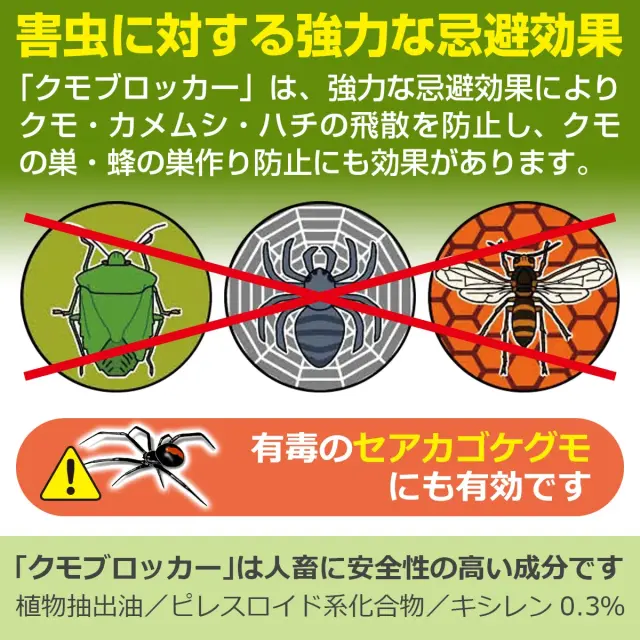 クモブロッカー 強力な忌避効果でクモ カメムシ ハチや有毒のセアカゴケグモを防止 人畜に安全性の高い成分です