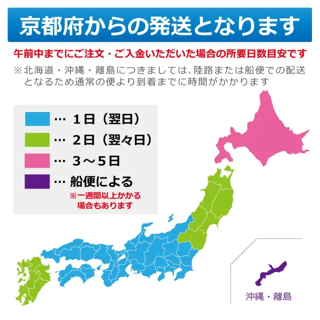 京都府からの発送となります 午前中までのご注文 ご入金で即日発送手続き 地域別お届け日数目安案内