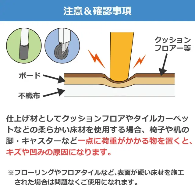 注意 確認事項 椅子やキャスターなど一点に荷重がかかる物はキズや凹みの原因となります