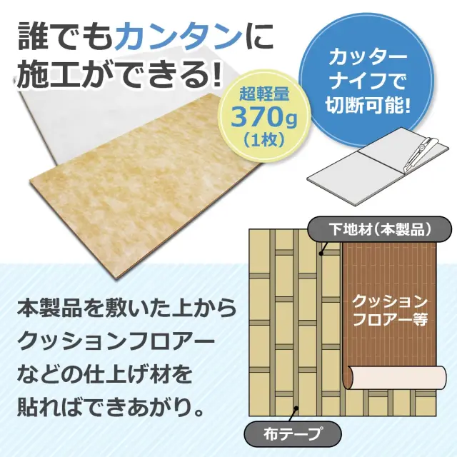 誰でもカンタンに施工ができる 超軽量370g カッターナイフで切断可能 上からクッションフロアーなどを貼ればできあがり