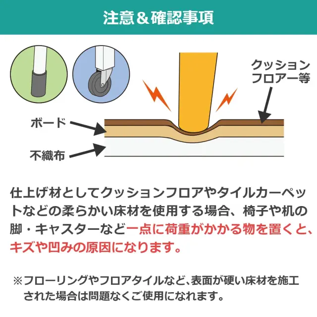 注意 確認事項 柔らかい床材使用時は一点加重による凹みに注意 表面が硬い床材なら問題なく使用可能