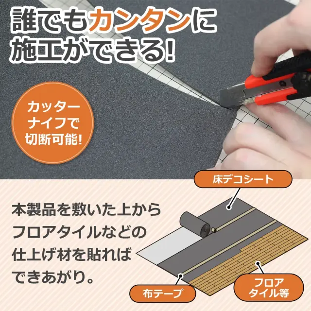 誰でもカンタンに施工ができる カッターナイフで切断可能 本製品を敷いた上から仕上げ材を貼ればできあがり