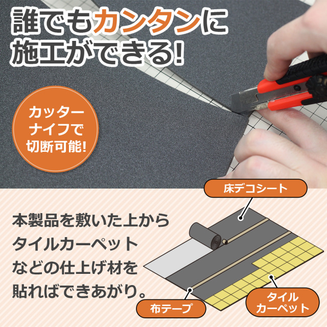 誰でもカンタンに施工ができる カッターナイフで切断可能 床デコシートの上に仕上げ材を貼ればできあがり