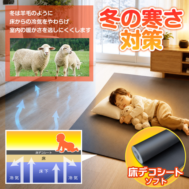 冬の寒さ対策 床デコシートソフト 床からの冷気をやわらげ室内の暖かさを逃しにくくします 羊毛のようにあたたかい