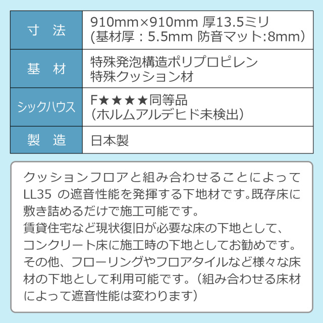 遮音等級LL35,LL40,LL45に対応 床デコLL35遮音下地材