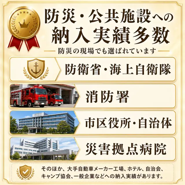 防災 公共施設への納入実績多数 防衛省 海上自衛隊 消防署 自治体 災害拠点病院など現場で選ばれています