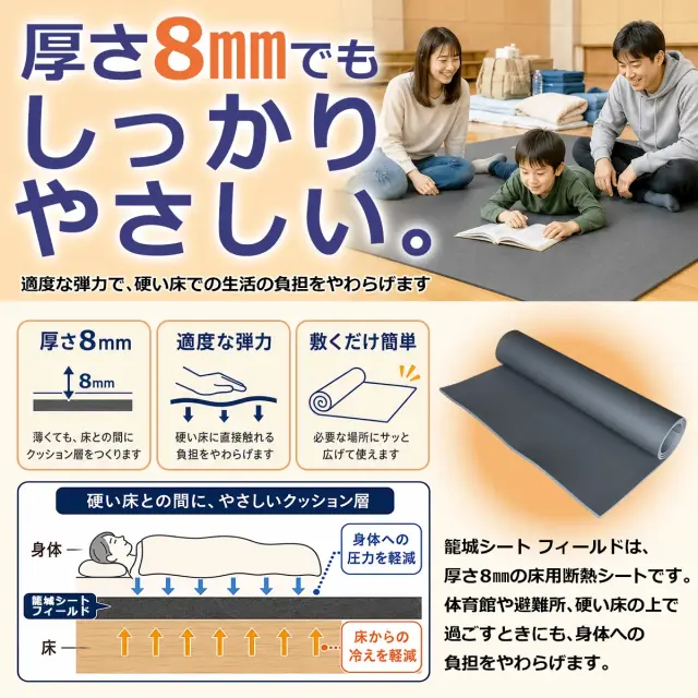 厚さ8mmでもしっかりやさしい 適度な弾力で硬い床での負担をやわらげる床用断熱シート 籠城シート フィールド