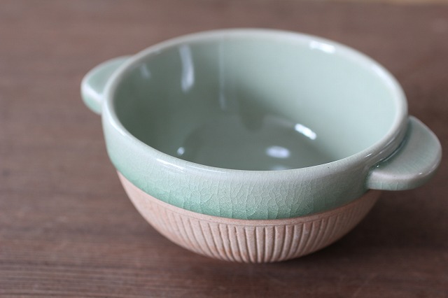 素焼きのあったかスープカップ　ストライプ（１２ｃｍ）　ナチュラルグリーン