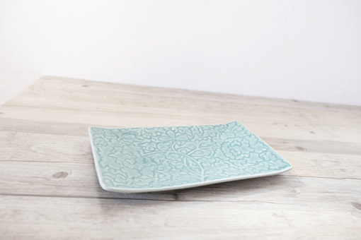角皿　２６ｘ１６　フラワー　オーシャングリーン