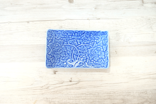 角皿　１９ｘ１２　フラワー　ブルー