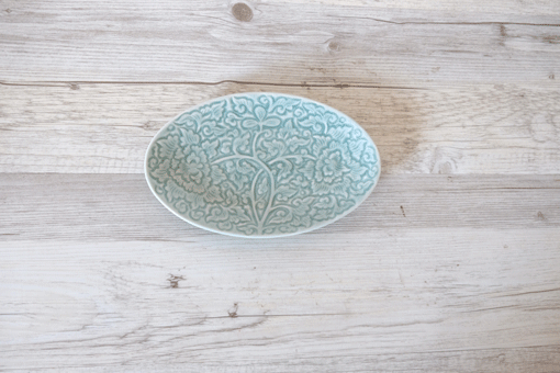 ロングだ円皿１９　フラワー　オーシャングリーン