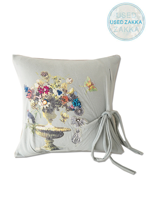 『USED ZAKKA』オンフィル ダンディエンヌ En fil d'Indienne クッションカバー Oiseau Blue（W30xH30cm・カバーのみ）