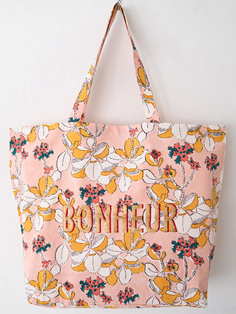【フランス直輸入】Jamini ジャミニ トートバッグ　エコバッグ Tote Bag ・IRIS Pink/BONHEUR/"幸せ"（W51.5xH41xマチ14cm）