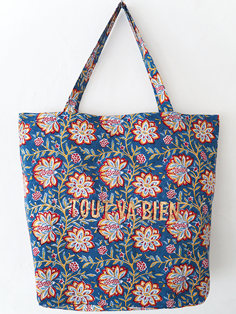 【フランス直輸入】Jamini ジャミニ トートバッグ　エコバッグ Tote Bag ・LOUISE Blue/TOUT VA BIEN/"すべてうまくいく"（W52xH42xマチ14cm）