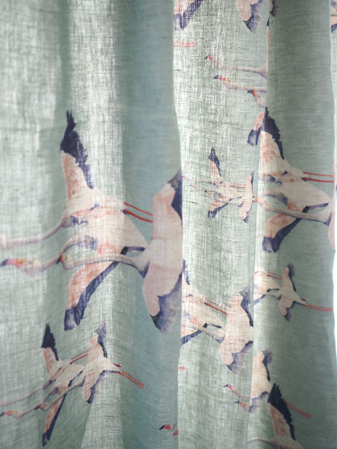 【フランス直輸入】メゾン レヴィ Maison Levy リネンカーテン マルチクロス　Curtain Linen・FLAMINGO VERT DE GRIS（W143xH200cm・1枚）