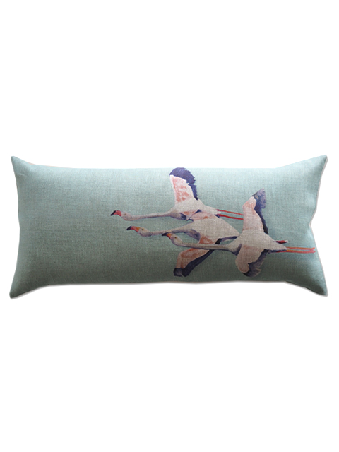 【フランス直輸入】メゾン レヴィ Maison Levy リネンクッションカバー Cushion Cover Linen・FLAMINGO VERT DE GRIS（W70xH32cm・カバーのみ）