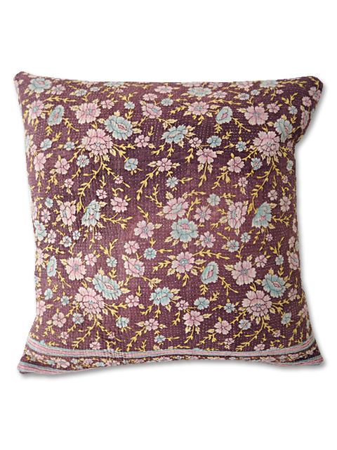 『Sorairo+』オリジナル ヴィンテージカンタ クッションカバー Vintage Kantha Cushion cover（W45xH45cm/Flower/裏面：ラベンダー/カバーのみ）Type.B