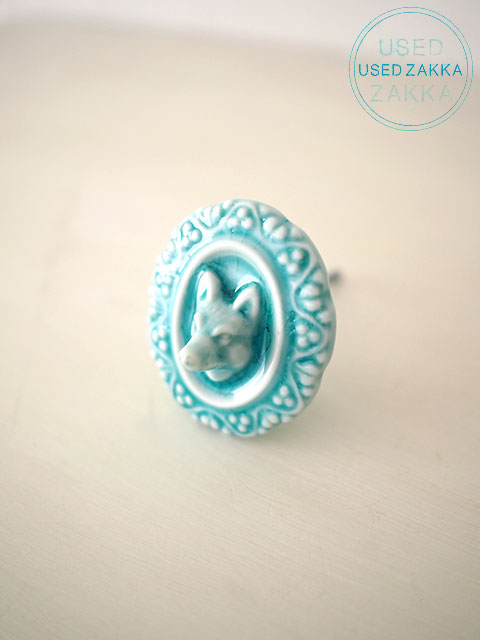 『USED ZAKKA』ANTHROPOLOGIE アンソロポロジー・陶器製キツネのノブ POODLES FOX KNOB・（ターコイズブルー）（1個）