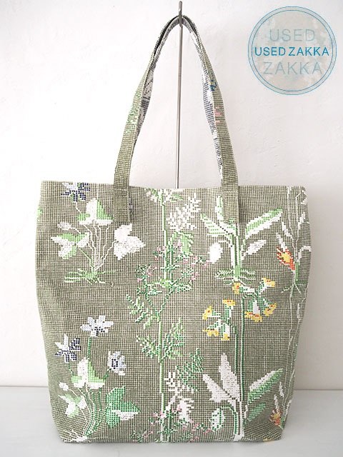 『USED ZAKKA』EPICE エピス コットン製 バッグ/Cross Stitch/Botanical /Khaki x Gray