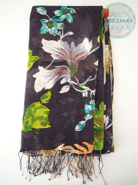 『USED ZAKKA』EPICE エピス リネン製 ストール/Botanical/Charcoal Gray x Green