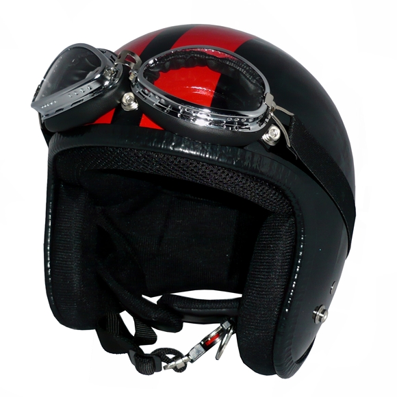 ZK-300(内装外して洗える！）装飾ビンテージゴーグル付き スモールジェット（メタリックブラック/レッド）  全排気量対応 社外装着可能