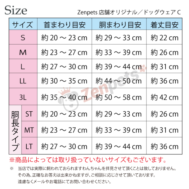 Zenpetsオリジナル犬服サイズ表C