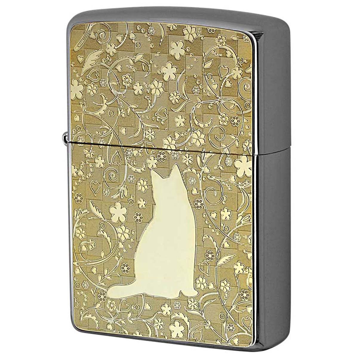 Zippo ジッポー ネコ 猫 Cat 花 ゴールドプレート ＃200 メタルプレート 両面加工 ニッケルメッキ 2MP-ネコと花 メール便可