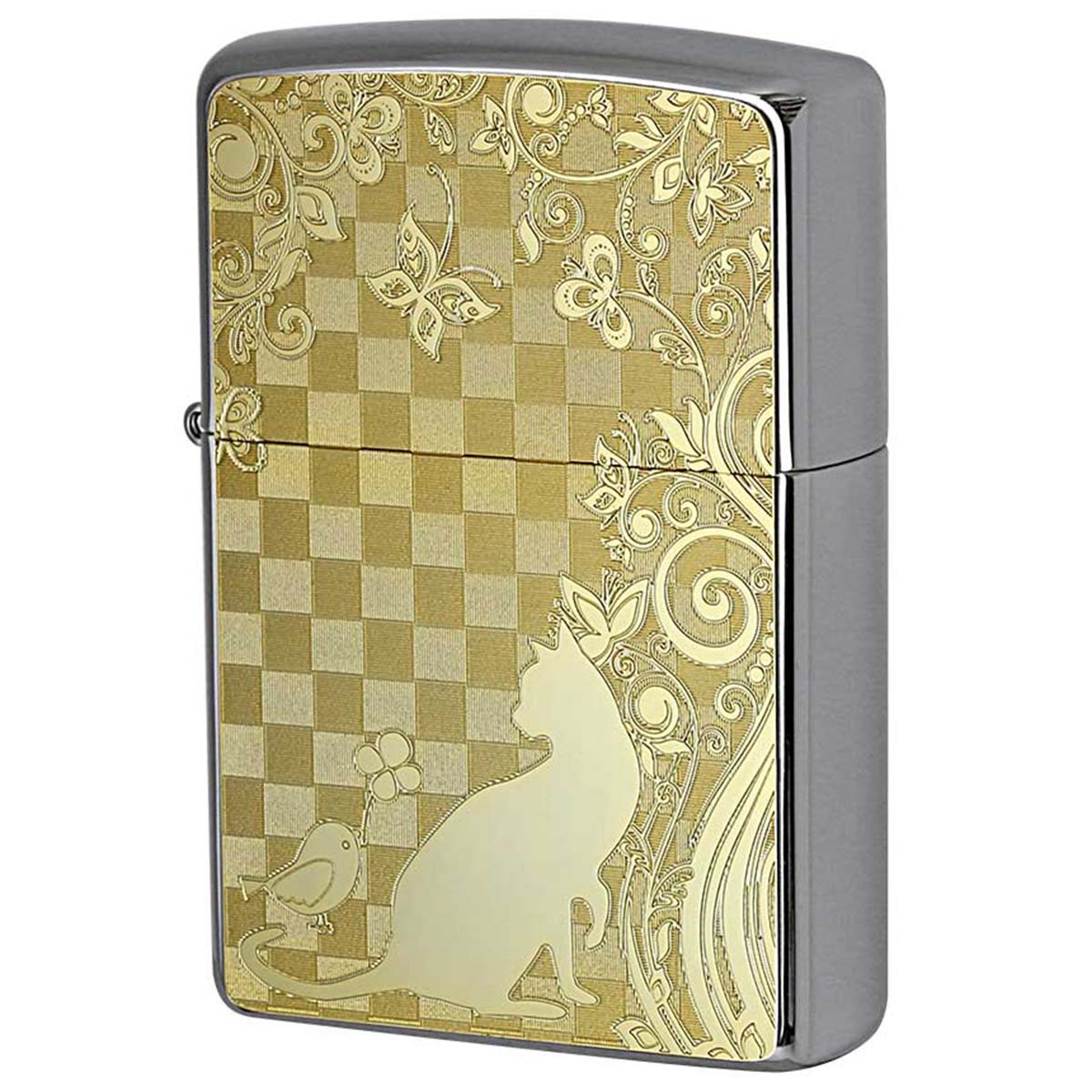 Zippo ジッポー ネコ 猫 Cat 小鳥 ゴールドプレート ＃200 メタルプレート 両面加工 ニッケルメッキ 2MP-ネコと小鳥 メール便可