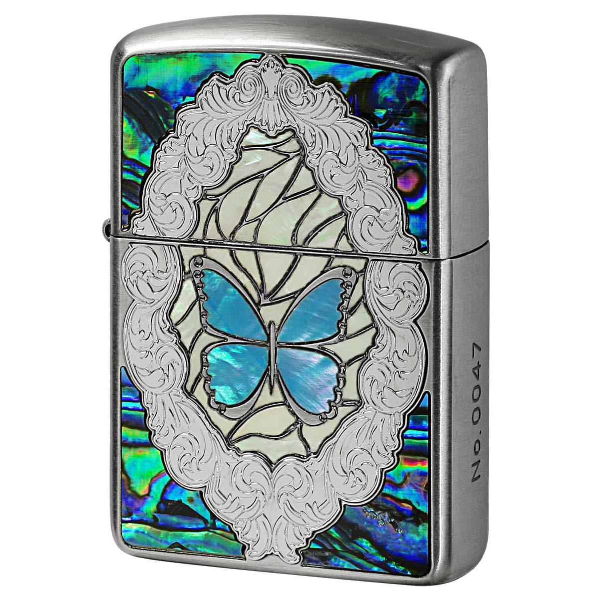 Zippo ジッポー アーマー シェル 蝶々 バタフライ ブルー ARMOR Butterfly and Rose Antique Nickel シリアル番号 BL