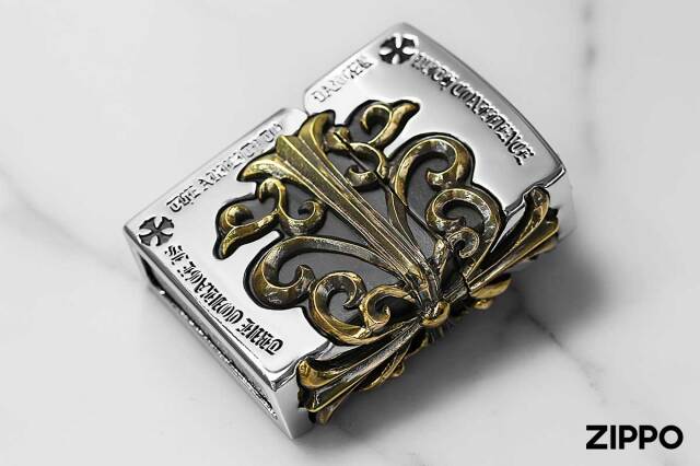 ZIPPO】ジッポー：ZP フレームパイソンメタル/ユリ(本錦蛇革貼り) 未開封ZIPPOライター クロムハーツ風ソリッドブラス 百合メタル貼2016年製