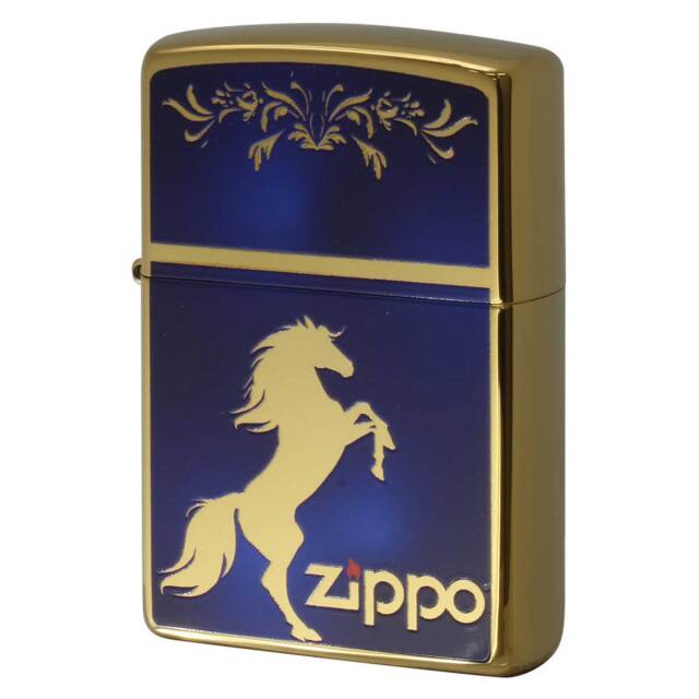 Zippo ジッポー #200 馬 ホースデザイン シルエット 金チタン ブルーマーブル TiGD-HOSE-MBL