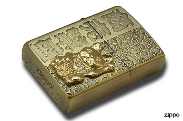Zippo ジッポー 開運 招き猫 真鍮古美 KMB-BS メール便可｜Zippo