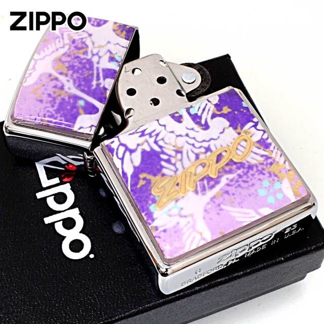 Zippo ジッポー 友禅和紙 伝統 和柄 ジッポ ロゴ 鶴 紫 1201S912