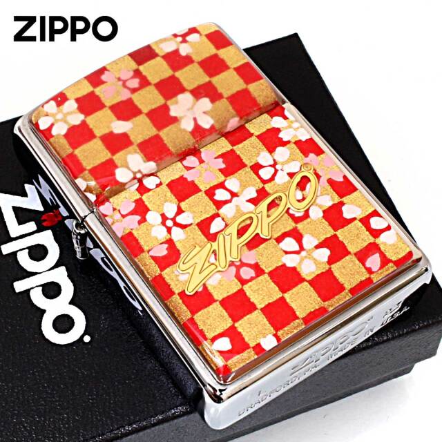 Zippo ジッポー 友禅和紙 伝統 和柄 ジッポ ロゴ 市松模様 桜 赤