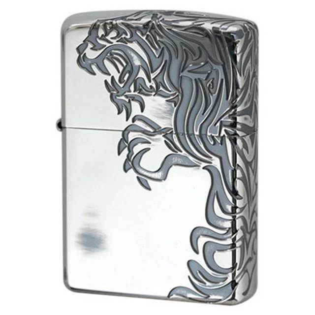 Zippo ジッポー タイガー 虎 アンテーク シルバー 3面連続加工 ストリーム タイガー ゴールドタンク Stream Tiger B メール便可