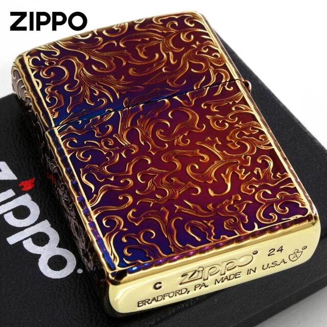 E4 ブロンズ風 アンティーク ゴールド タイガー 干支 寅年 和風 アジアン Zippo ジッポー アーマー 鯉 タイガー 虎 唐草 アラベスク ARMOR 5面