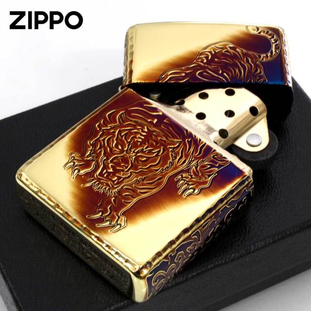 E4 ブロンズ風 アンティーク ゴールド タイガー 干支 寅年 和風 アジアン Zippo ジッポー アーマー 鯉 タイガー 虎 唐草 アラベスク ARMOR 5面