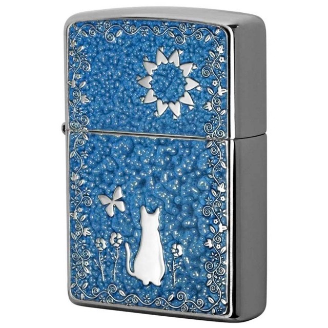 Zippo ジッポー ネコ 猫 Cat ブルー ＃200 メタルプレート 両面加工