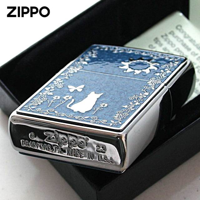 Zippo ジッポー ネコ 猫 Cat ブルー ＃200 メタルプレート 両面加工