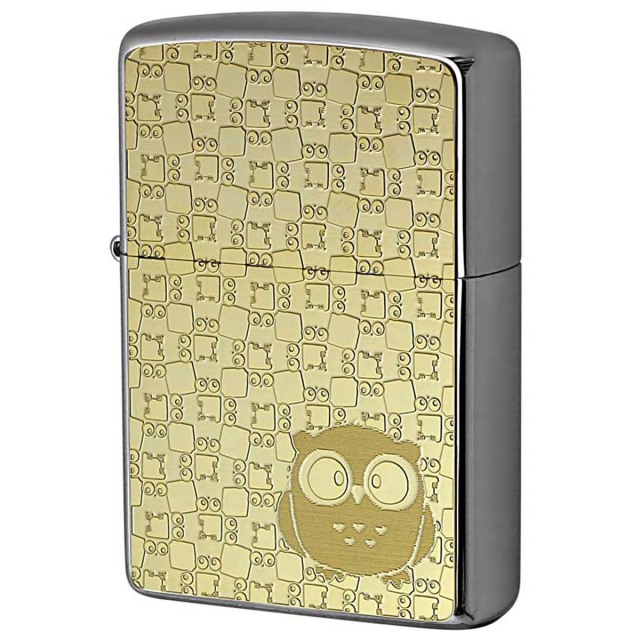 Zippo ジッポー フクロウ ゴールドプレート ＃200 メタルプレート 両面加工 ニッケルメッキ 2MP-フクロウ メール便可