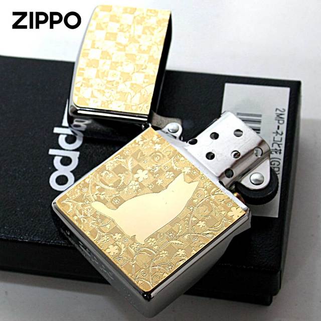 Zippo ジッポー ネコ 猫 Cat 花 ゴールドプレート ＃200 メタル