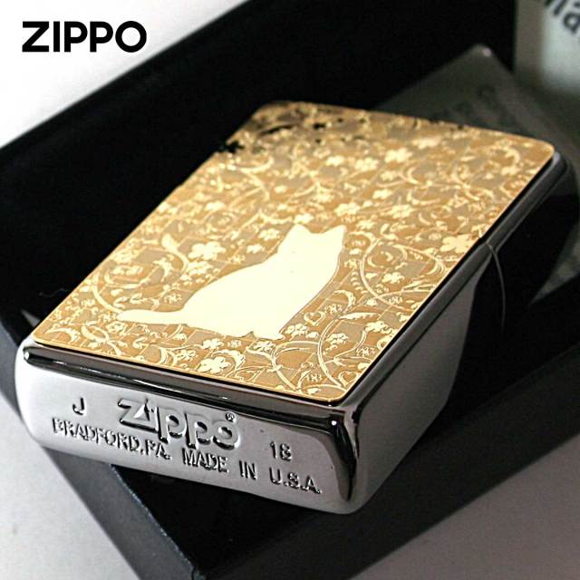 Zippo ジッポー ネコ 猫 Cat 花 ゴールドプレート ＃200 メタル