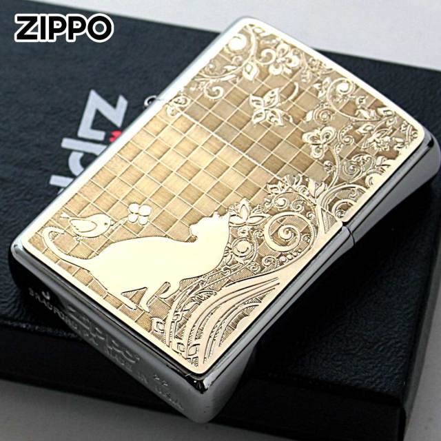 Zippo ジッポー ネコ 猫 Cat 小鳥 ゴールドプレート ＃200 メタル