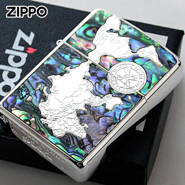 Zippo ジッポー シェル 貝 インレイ 象嵌 ワールドマップ 銀メッキ