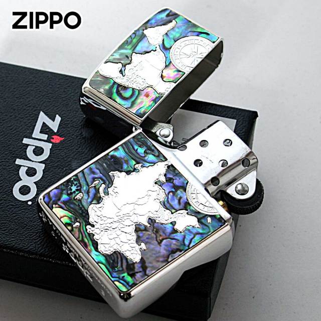 Zippo ジッポー シェル 貝 インレイ 象嵌 ワールドマップ 銀メッキ