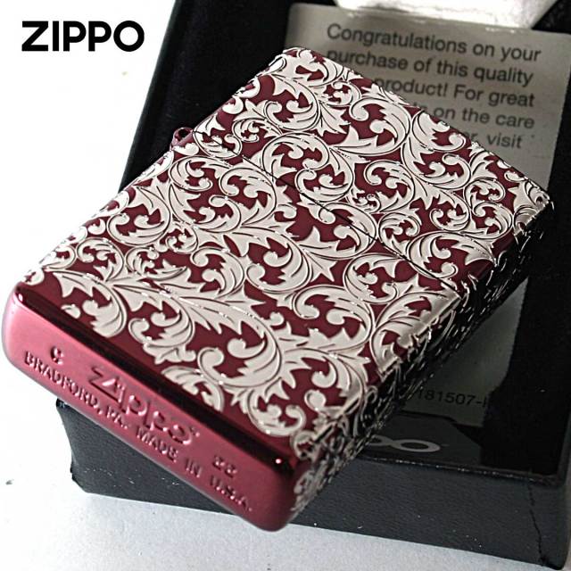 Zippo ジッポー アラベスク 唐草 5面連続加工 イオンレッド ホワイト