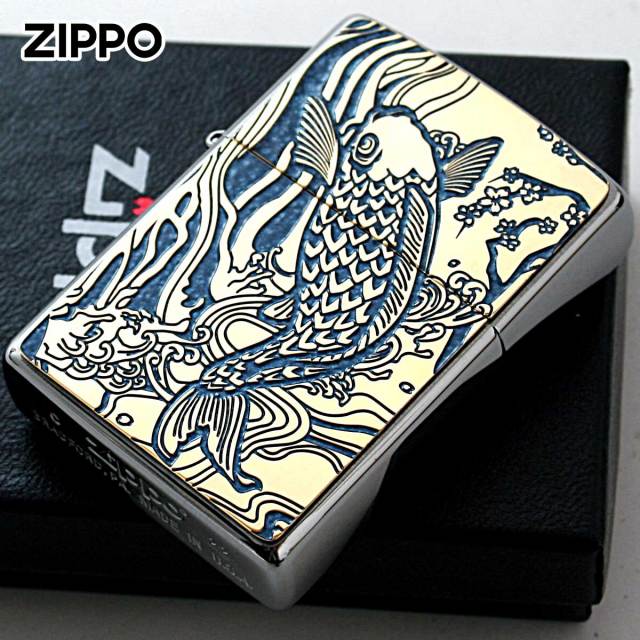 Zippo ジッポー 鯉 カープ ブルー ＃200 ゴールドプレート 両面加工