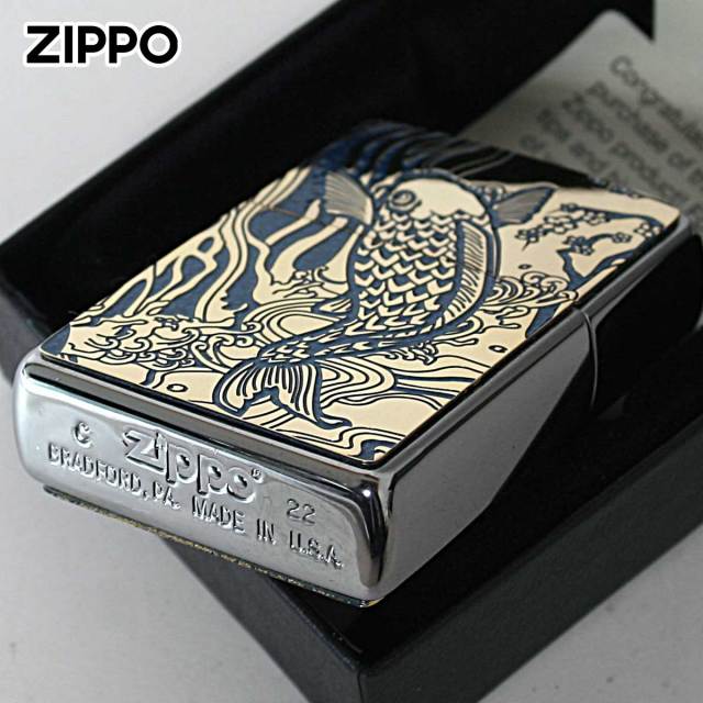 Zippo ジッポー 鯉 カープ ブルー ＃200 ゴールドプレート 両面加工