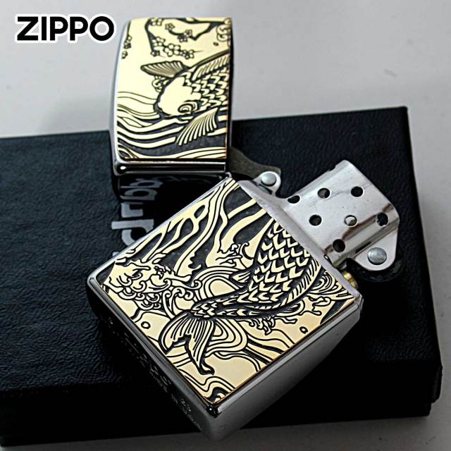 Zippo ジッポライター 鯉 カープ ブルー ＃200 ゴールドプレート 両面加工 ニッケルメッキ 2MPP-Carp BL GP メール便可 Zippo ジッポー 鯉 カープ グレー ＃200 ゴールドプレート 両面